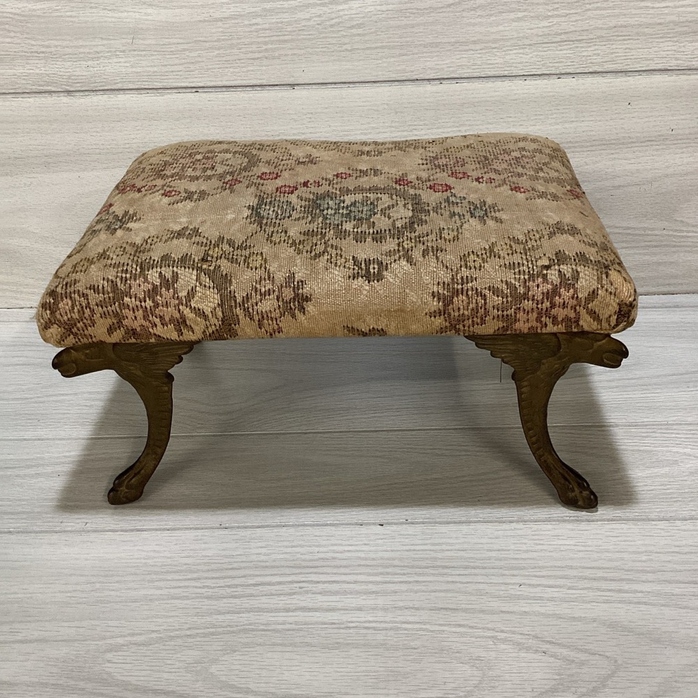 Antique Victorian Footstool 13.5x10x7.5" Cast Iron Bird Legs Fabric Top *Crack*